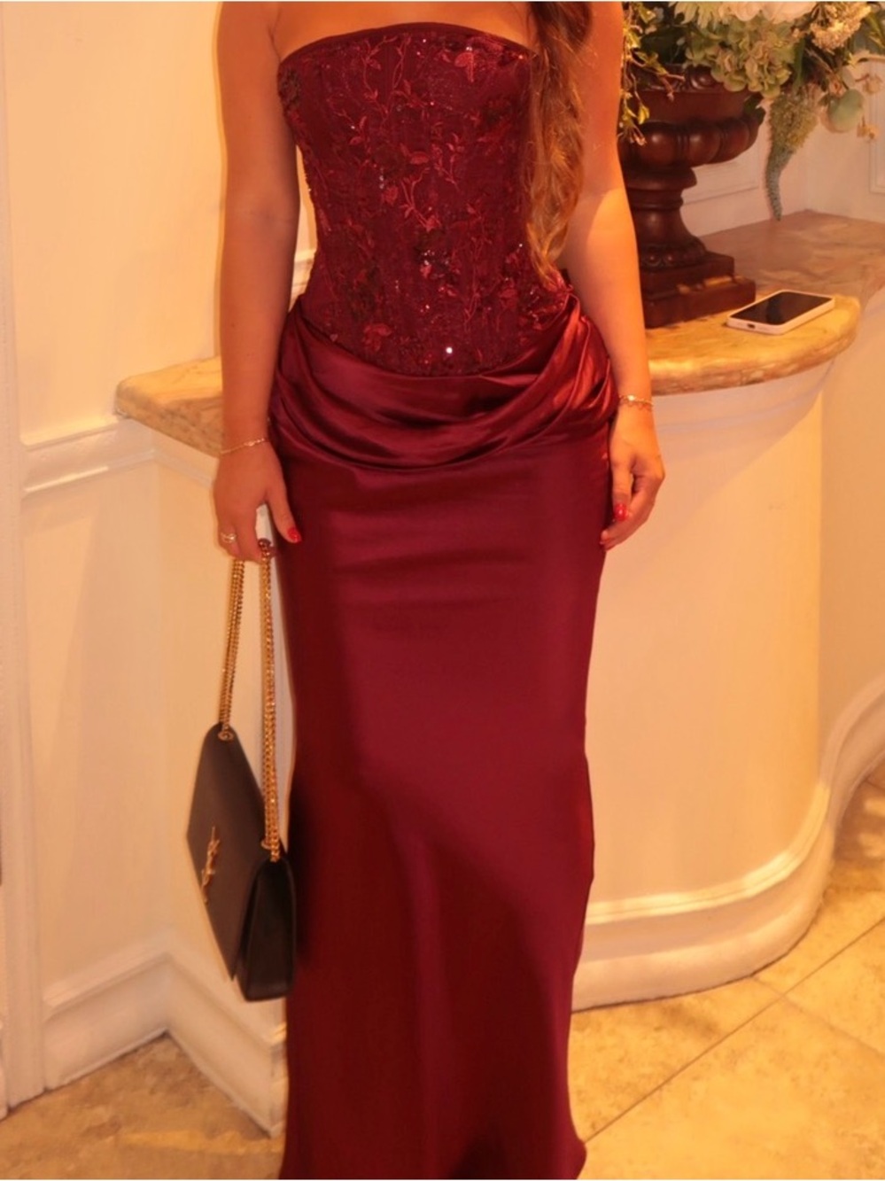 Strapless Burgundy Evening Gown